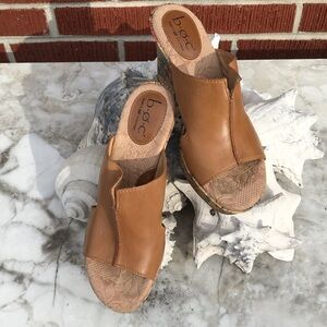 b.o.c. Tan Leather Open-Toe Wedge Mules